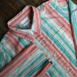 Alfred Dunner Colorful Stripe Textured Oversized Travel Vacay Blouse Pink Aqua L